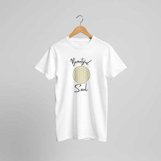 Weißes Unisex-T-Shirt aus hochwertiger Baumwolle mit spirituellem Blume des Lebens Print von melaniesouldesign, nachhaltig.