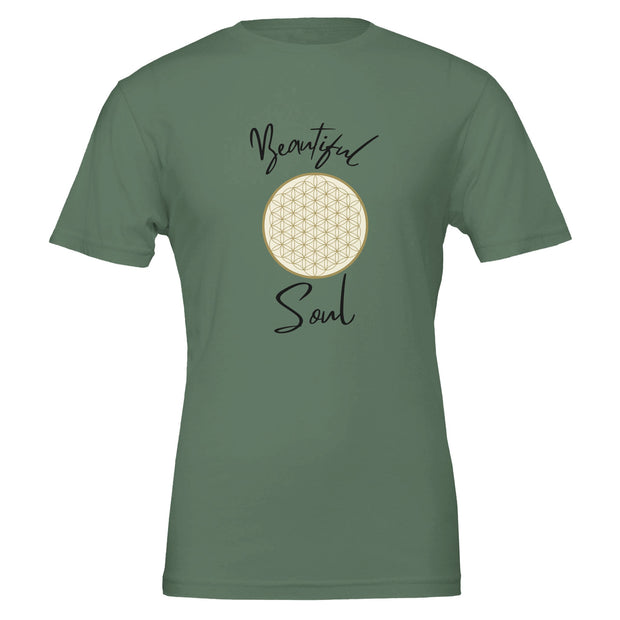Unisex-T-Shirt in Military Green aus hochwertiger Baumwolle mit spirituellem Blume des Lebens Print und melaniesouldesign.