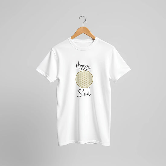 Weißes Unisex-T-Shirt aus hochwertiger Baumwolle mit spirituellem Blume des Lebens Print, nachhaltiges melaniesouldesign,.