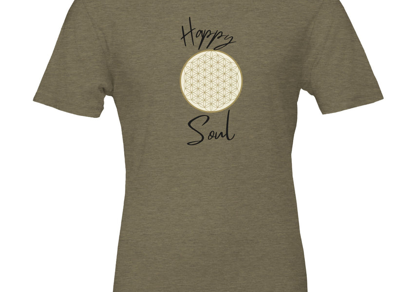 Olive T-Shirt mit Blume des Lebens Symbol und Happy Soul Schriftzug von Melanie Soul Design