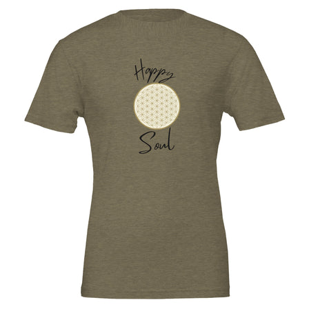 Olive T-Shirt mit Blume des Lebens Symbol und Happy Soul Schriftzug von Melanie Soul Design