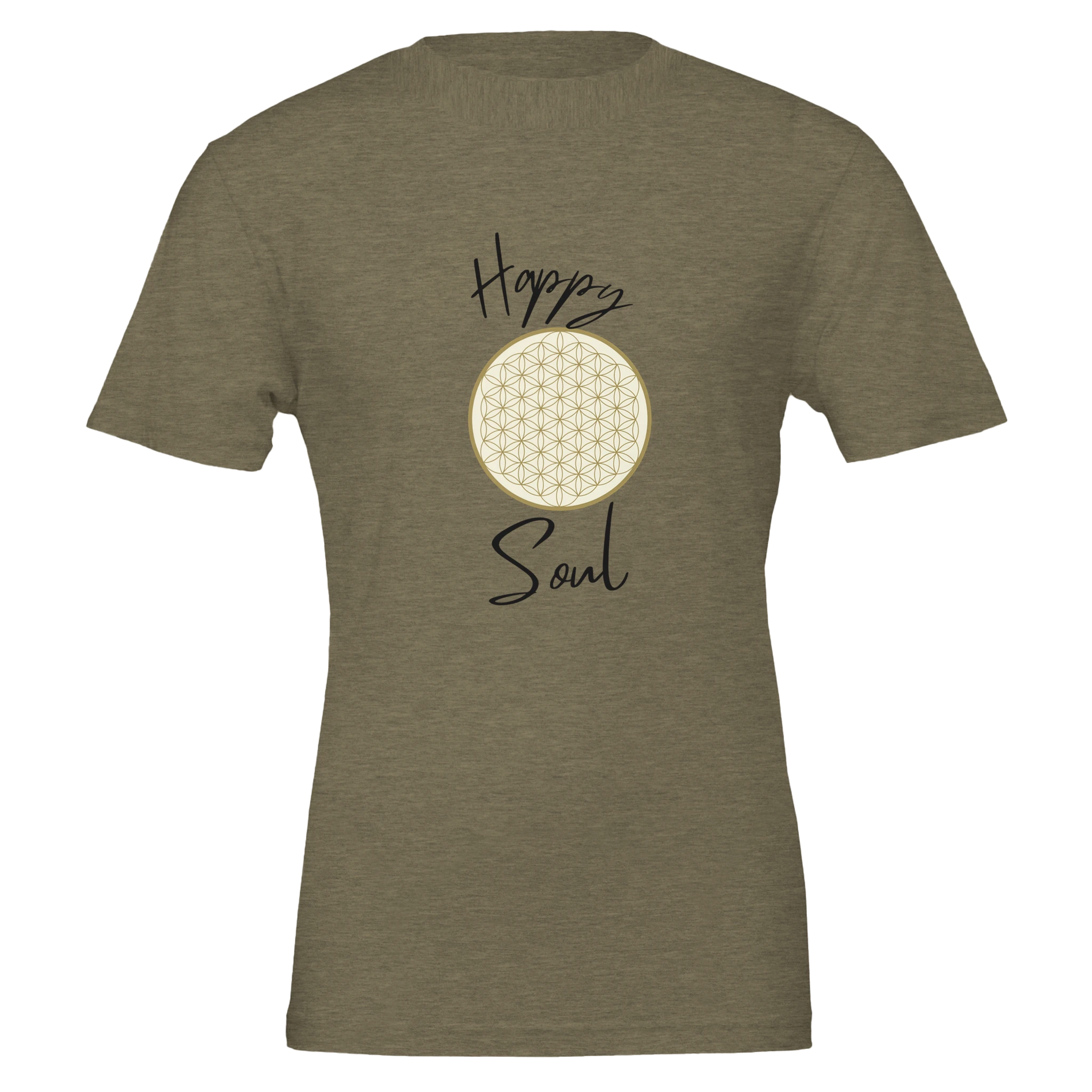 Unisex T-Shirt in Heather Olive mit hochwertigem, nachhaltigem Baumwollstoff und spirituellem Blume des Lebens.