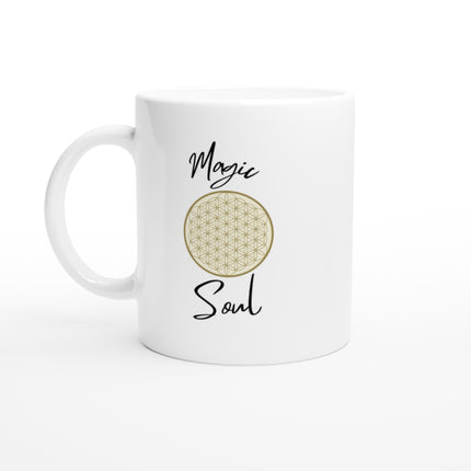 Weiße Keramiktasse mit spirituellem Blume des Lebens Print in Beige, nachhaltig und hochwertig, melaniesouldesign,.