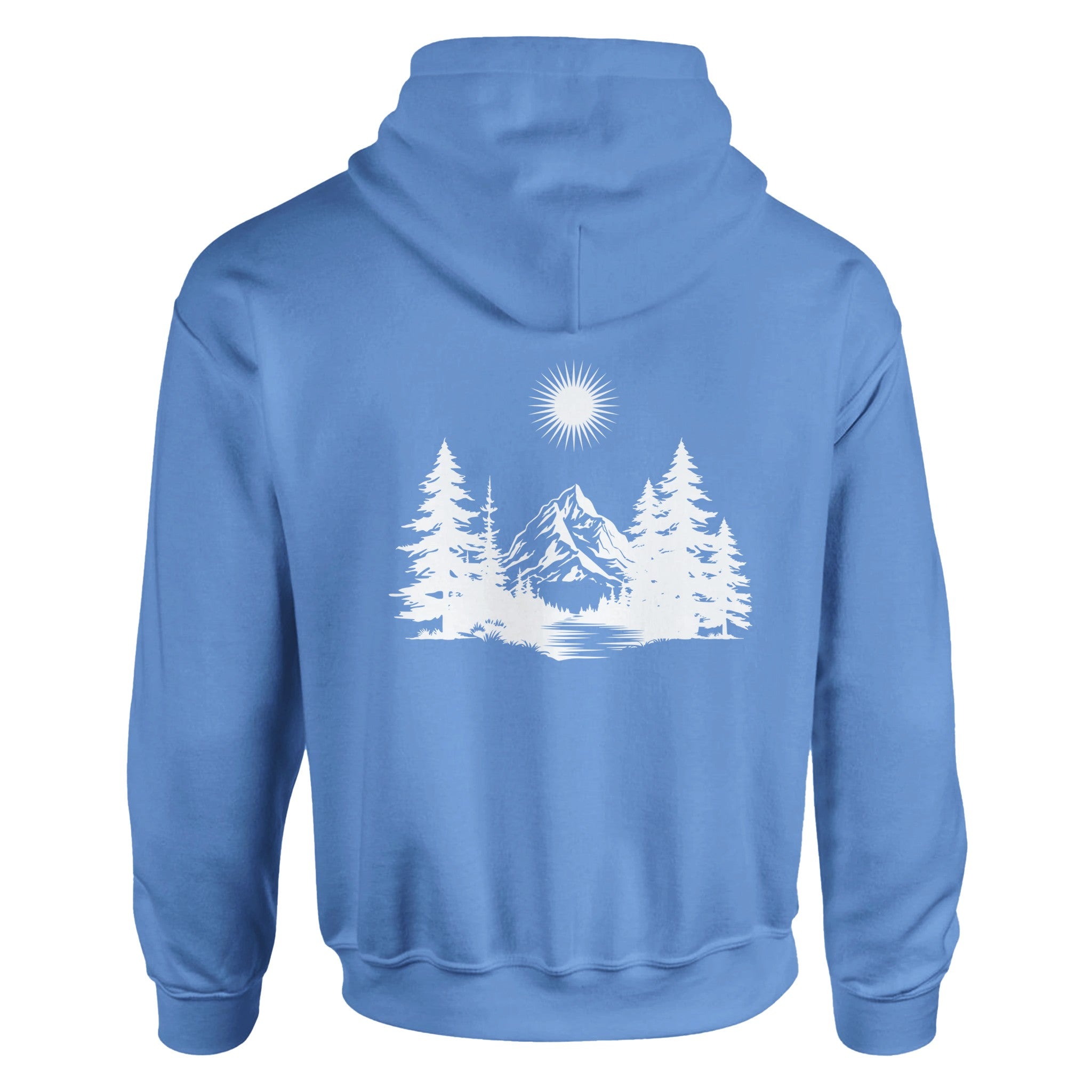 Unisex Hoodie in Carolina Blue mit spirituellem, hochwertigem Naturmotiv aus weißen Tannen und Berg, nachhaltiger.