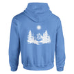 Unisex Hoodie in Carolina Blue mit spirituellem, hochwertigem Naturmotiv aus weißen Tannen und Berg, nachhaltiger.