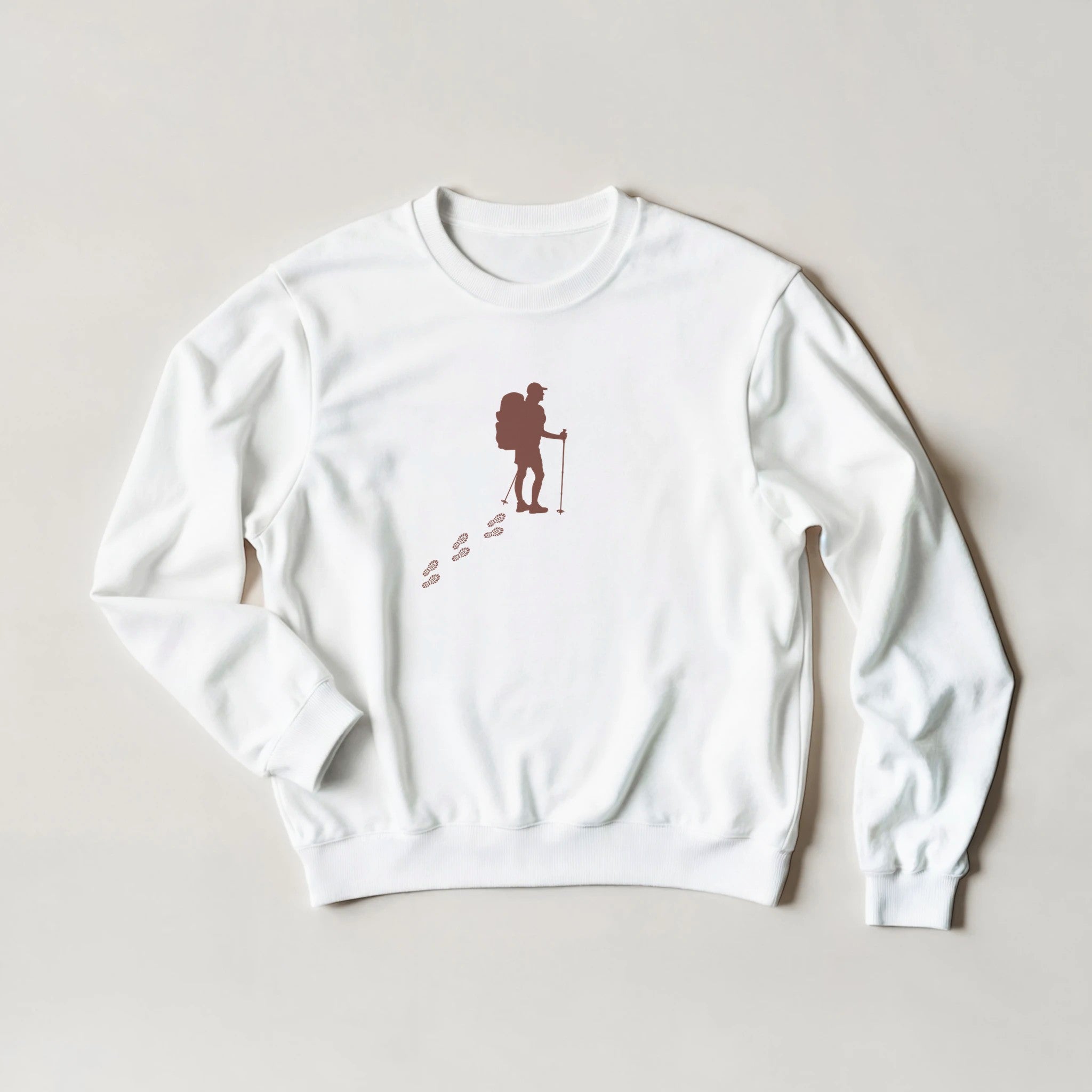 Weißer Wandern Pullover mit spirituellem Print eines Wanderers, nachhaltige Baumwollmischung, Unisex Passform, hochwertig,.