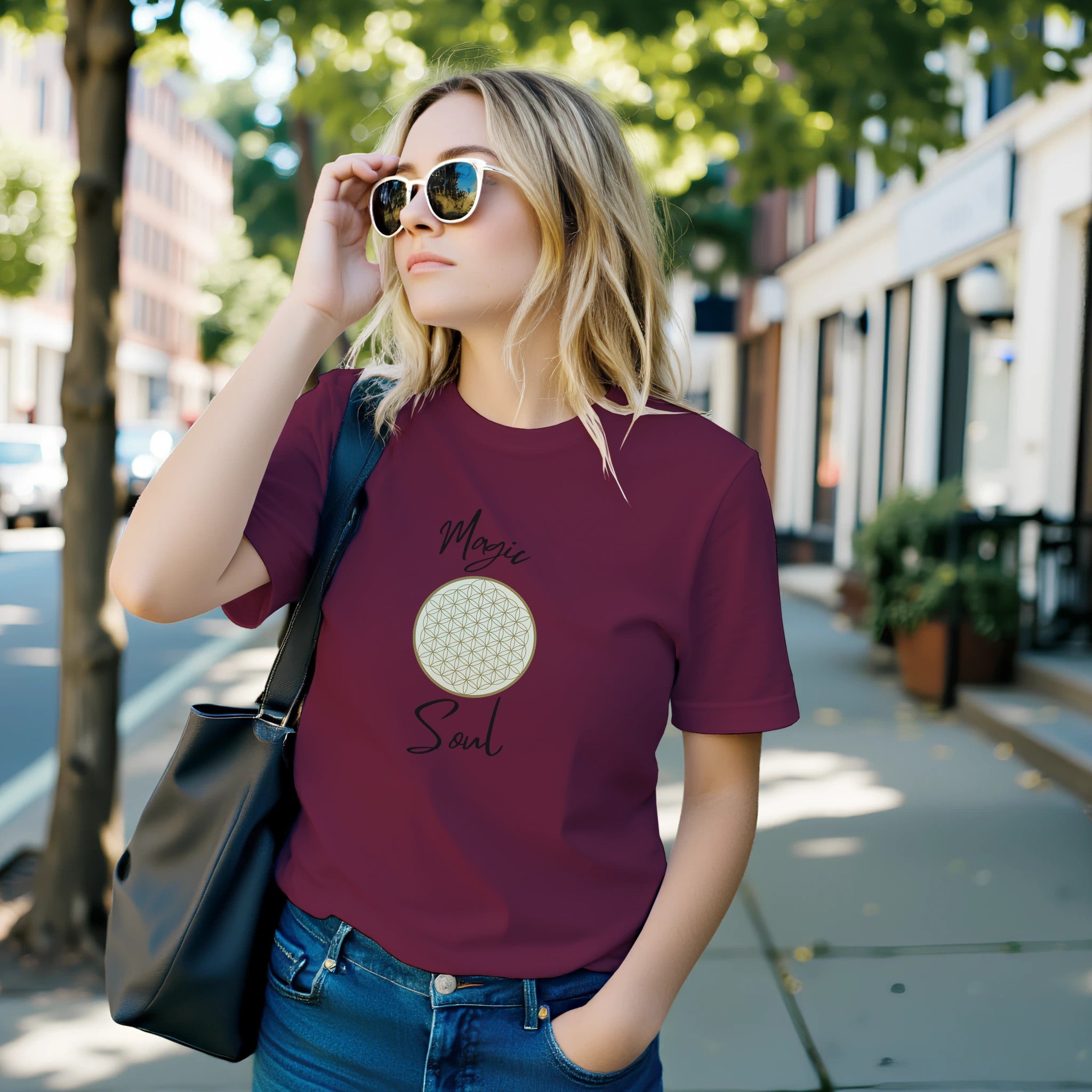 Unisex T-Shirt in Kastanienbraun mit hochwertigem Baumwollstoff, spirituellem Blume des Lebens-Print, nachhaltig,.