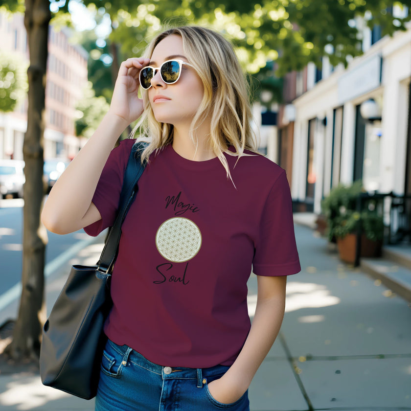 Unisex T-Shirt in Kastanienbraun mit hochwertigem Baumwollstoff, spirituellem Blume des Lebens-Print, nachhaltig,.