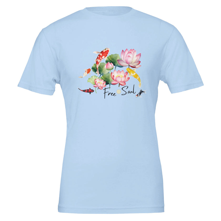 Hellblaues Unisex-T-Shirt aus hochwertiger Baumwolle mit spirituellem Koi-Print, Blume des Lebens und 
