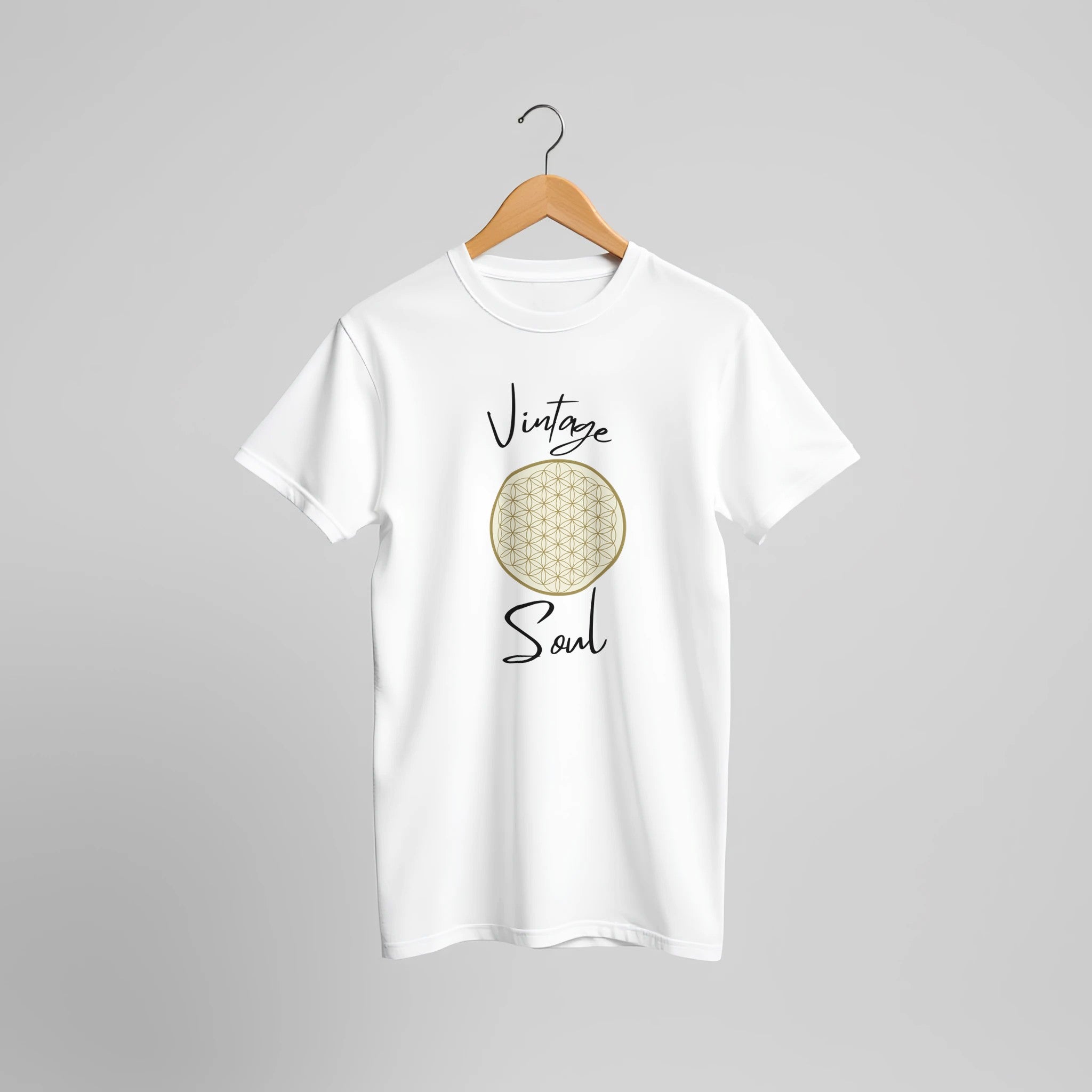 Weißes Unisex-T-Shirt aus hochwertiger Baumwolle mit spirituellem Blume des Lebens-Motiv, nachhaltig und melaniesouldesign,.