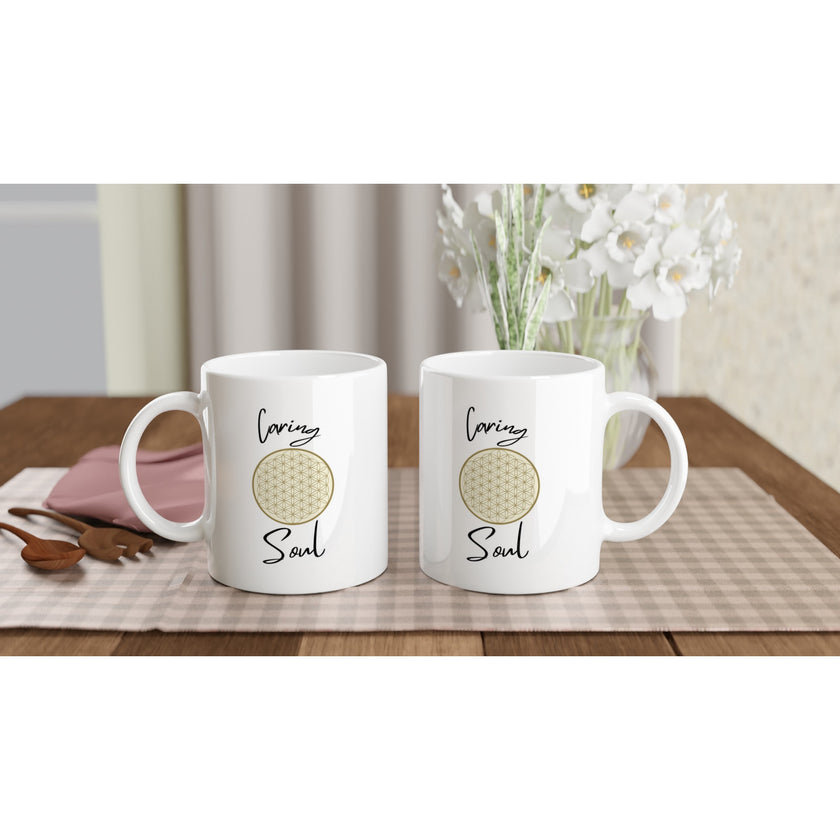 Weiße Keramiktassen mit hochwertigem Blume des Lebens Print, spirituell, nachhaltig, melaniesouldesign, Print-on-Demand.