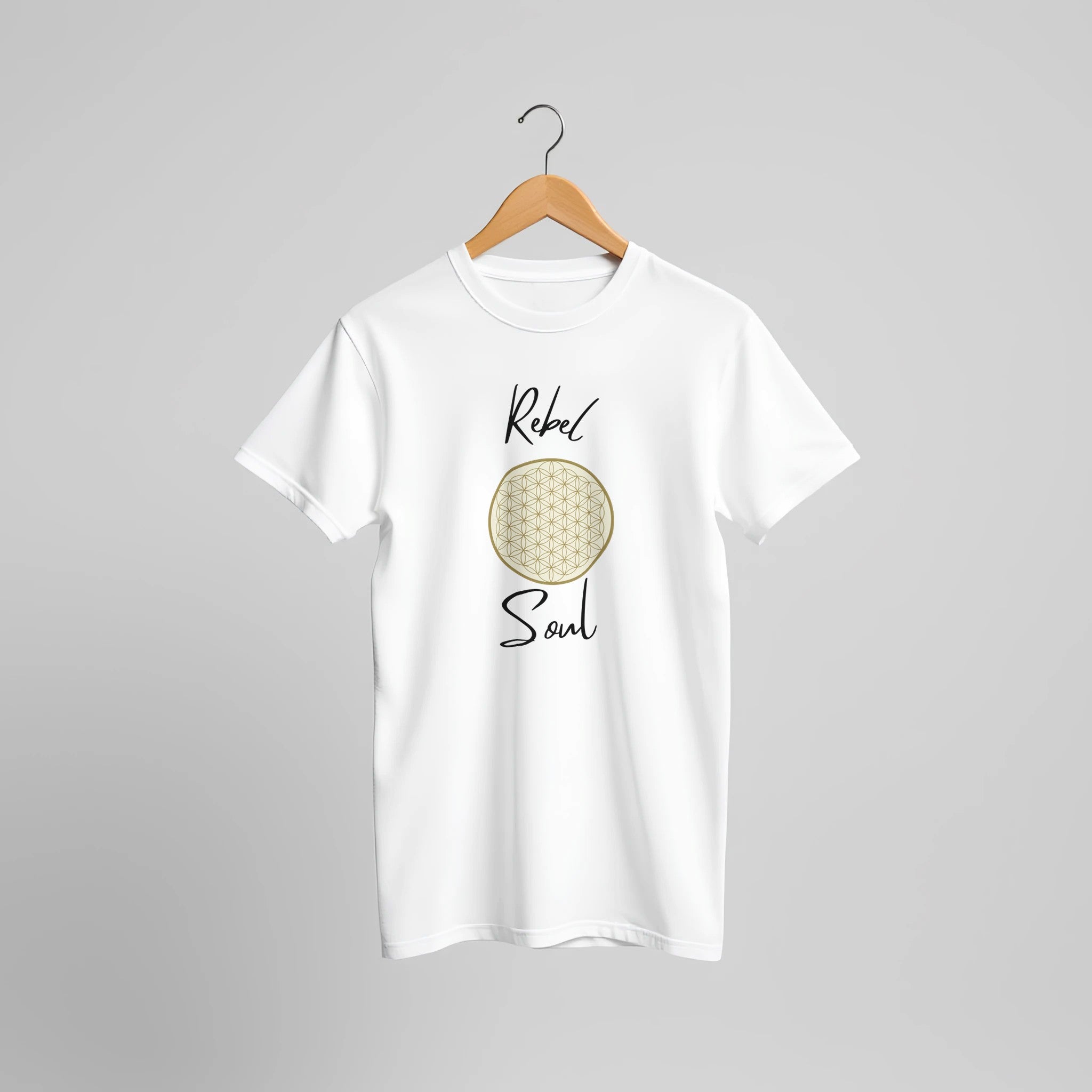Weißes Unisex-T-Shirt aus nachhaltiger Baumwolle mit spirituellem Blume des Lebens Print von melaniesouldesign.
