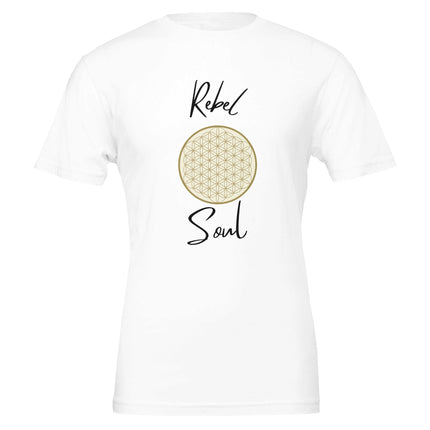 Weißes Unisex-T-Shirt aus hochwertiger Baumwolle mit spirituellem, nachhaltigem Blume des Lebens-Motiv in Beige,.