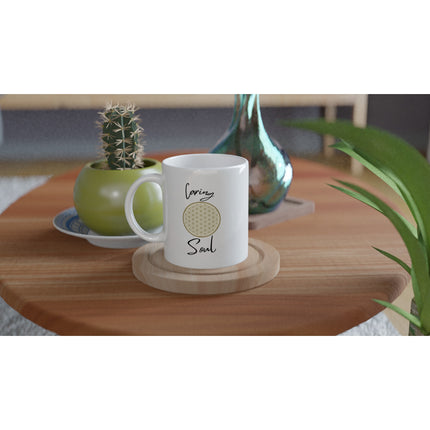 Hochwertige weiße Keramiktasse mit spirituellem Blume des Lebens Print, nachhaltig, melaniesouldesign.
