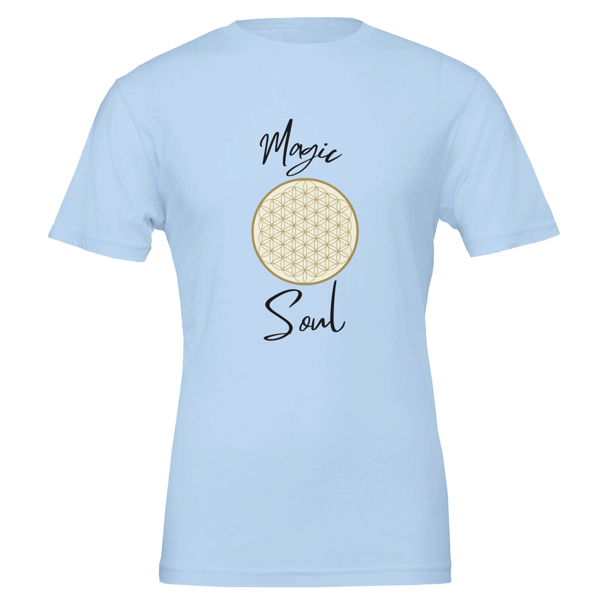 Hellblaues Unisex-T-Shirt aus hochwertiger Baumwolle mit spirituellem Blume des Lebens Print, nachhaltig und.