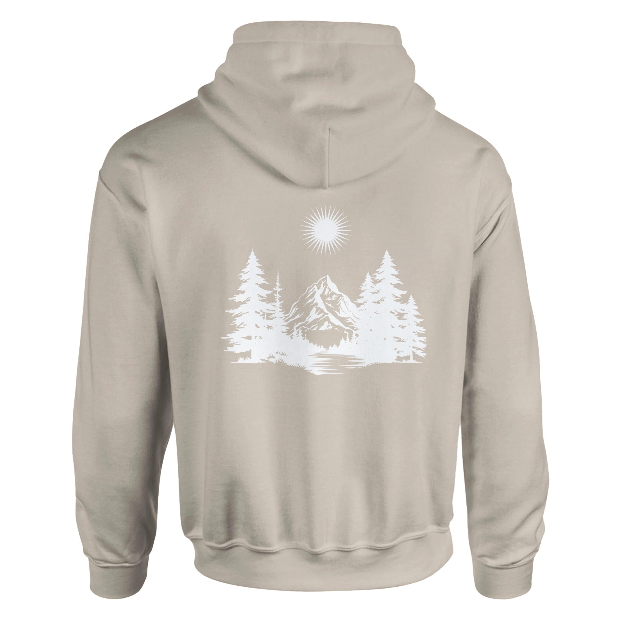 Unisex Hoodie in Sand mit spirituellem Waldmotiv und Berg, hochwertiger Baumwoll-Polyester-Mix, nachhaltiges.