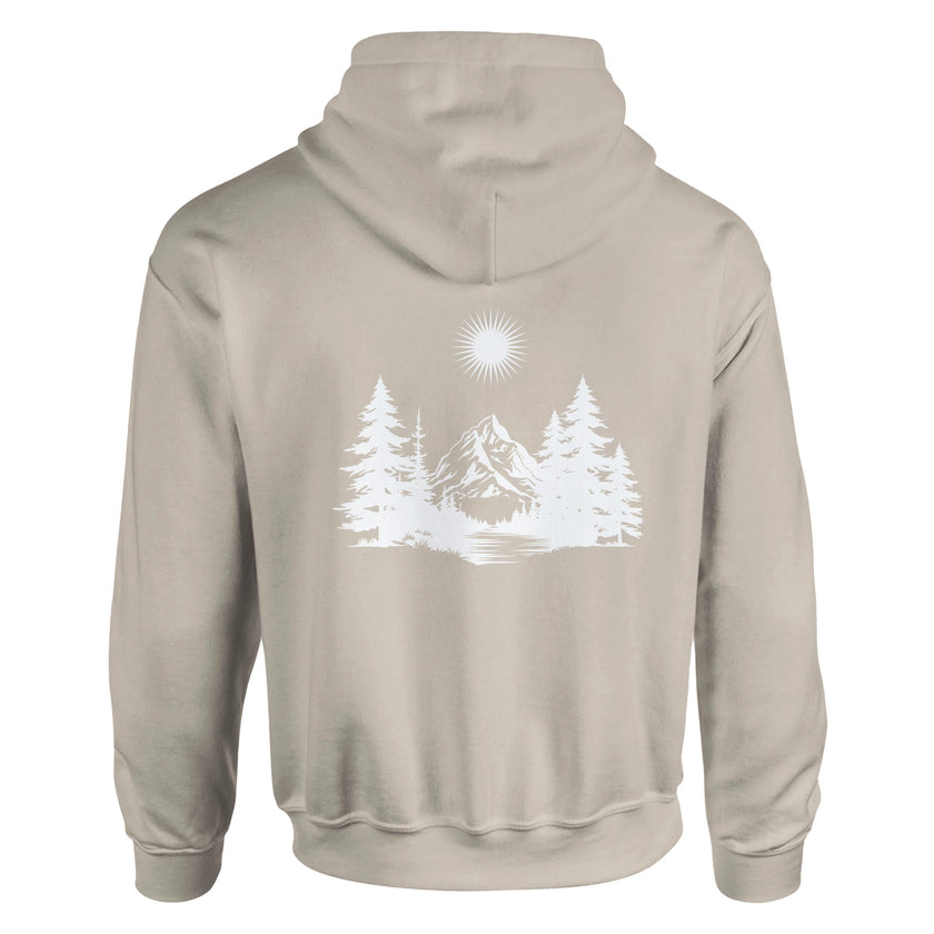 Unisex Hoodie in Sand mit spirituellem Waldmotiv und Berg, hochwertiger Baumwoll-Polyester-Mix, nachhaltiges.