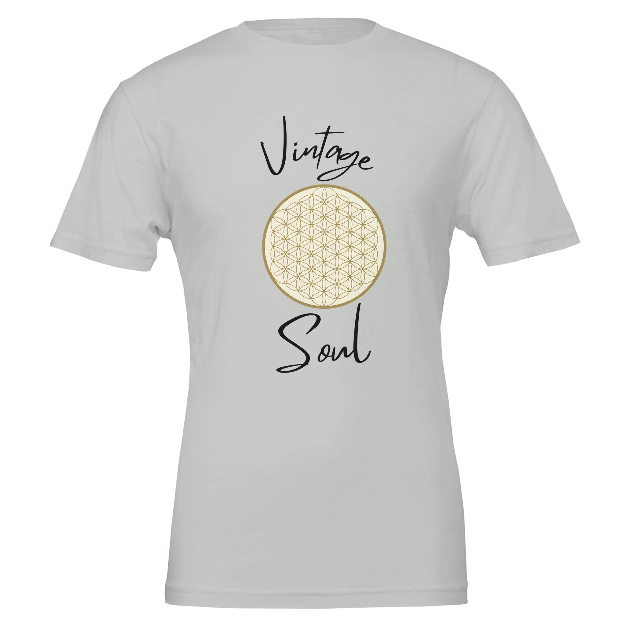 Weißes Unisex-T-Shirt aus hochwertiger Baumwolle mit spirituellem Blume des Lebens-Print und Vintage Soul Schriftzug.