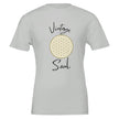 Weißes Unisex-T-Shirt aus hochwertiger Baumwolle mit spirituellem Blume des Lebens-Print und Vintage Soul Schriftzug.