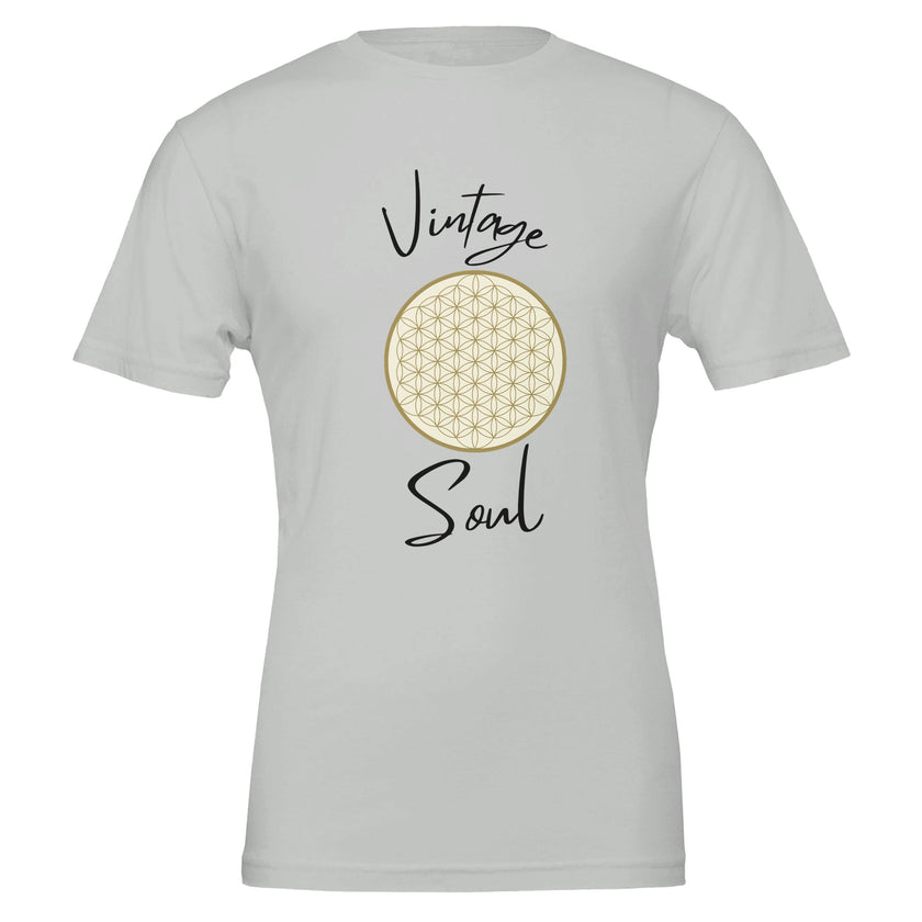 Weißes Unisex-T-Shirt aus hochwertiger Baumwolle mit spirituellem Blume des Lebens-Print und Vintage Soul Schriftzug.