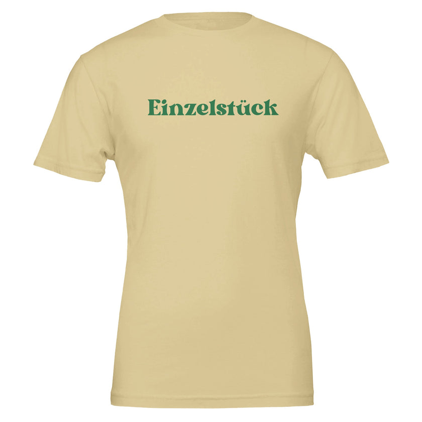 Nachhaltiges cremefarbenes Unisex-T-Shirt aus hochwertiger Baumwolle mit grünem „Einzelstück“-Print, spirituelles.