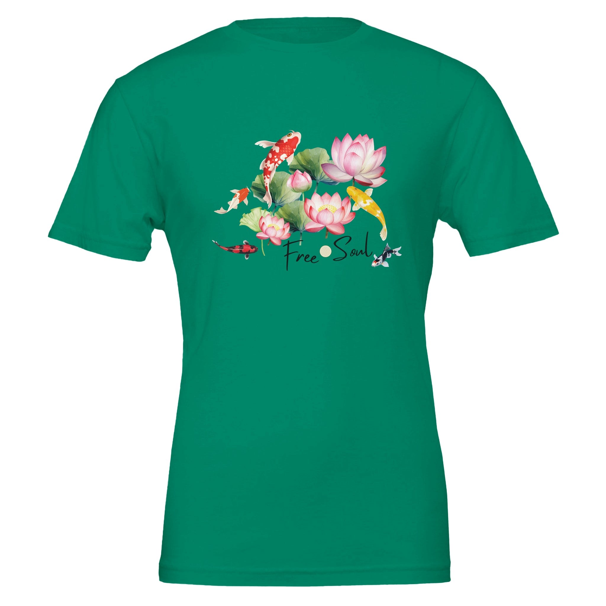 Unisex T-Shirt in Kellygrün mit spirituellem Koi-Print, Blume des Lebens und rosafarbenen Lotusblüten, hochwertige.