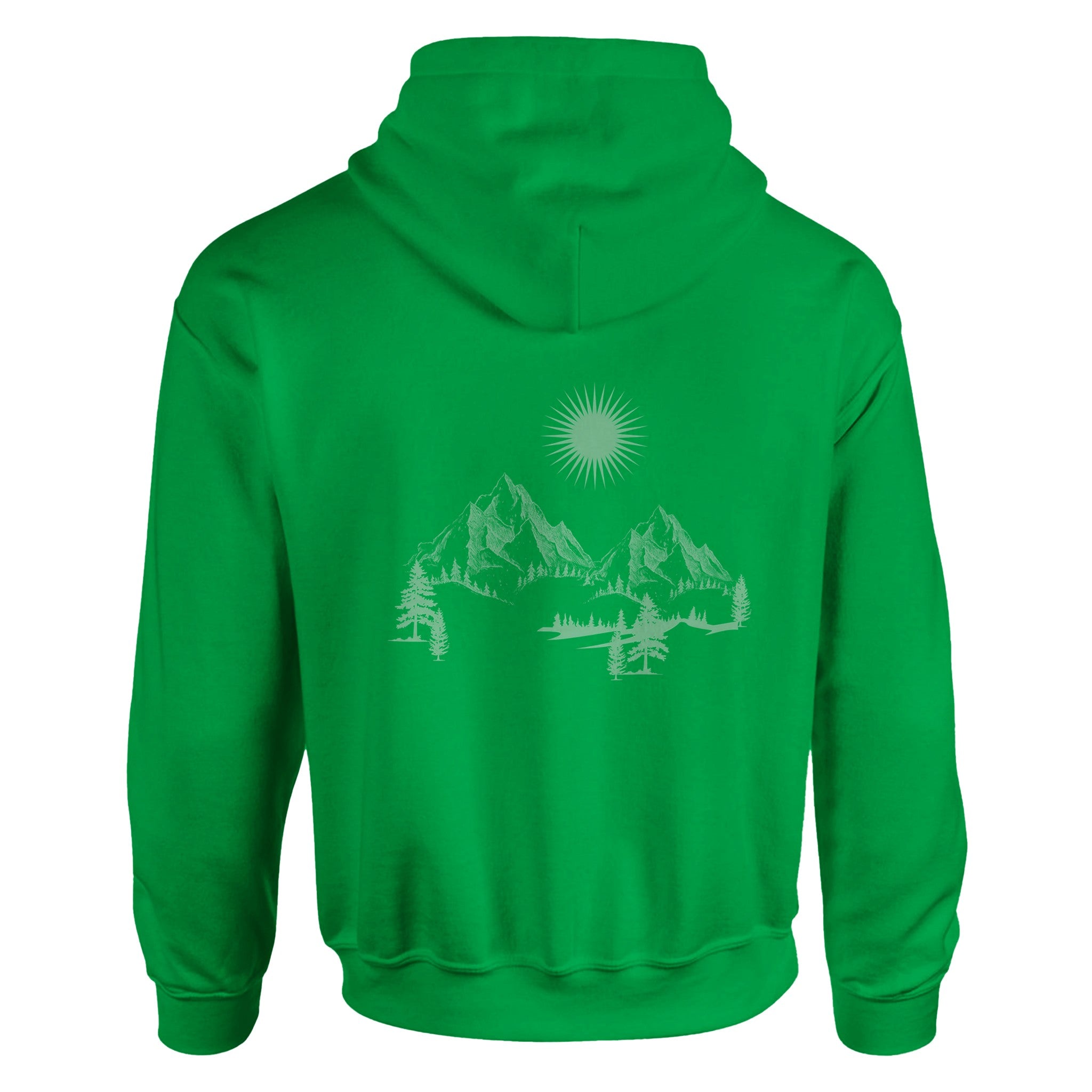 Unisex Hoodie in kräftigem Grün aus hochwertigem Baumwoll-Polyester mit spirituellem Berg-Motiv und Sonnen-Print, nachhaltig .
