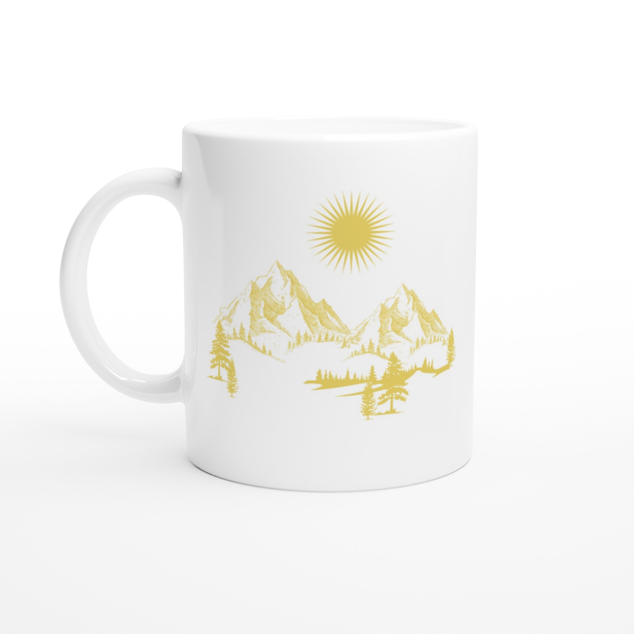 Weiße Keramiktasse mit spirituellem, gelbem Berg- und Waldmotiv, nachhaltig und hochwertig, melaniesouldesign, Blume des.
