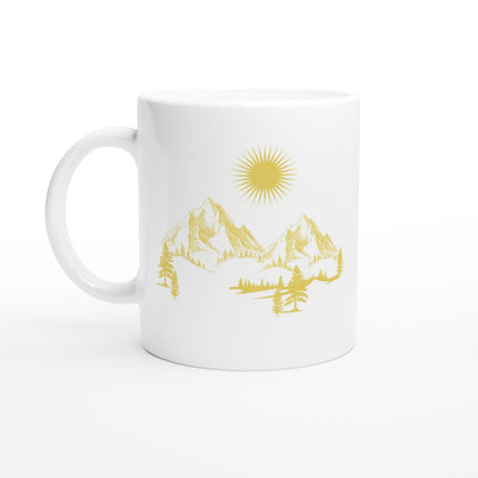 Weiße Keramiktasse mit spirituellem, gelbem Berg- und Waldmotiv, nachhaltig und hochwertig, melaniesouldesign, Blume des.