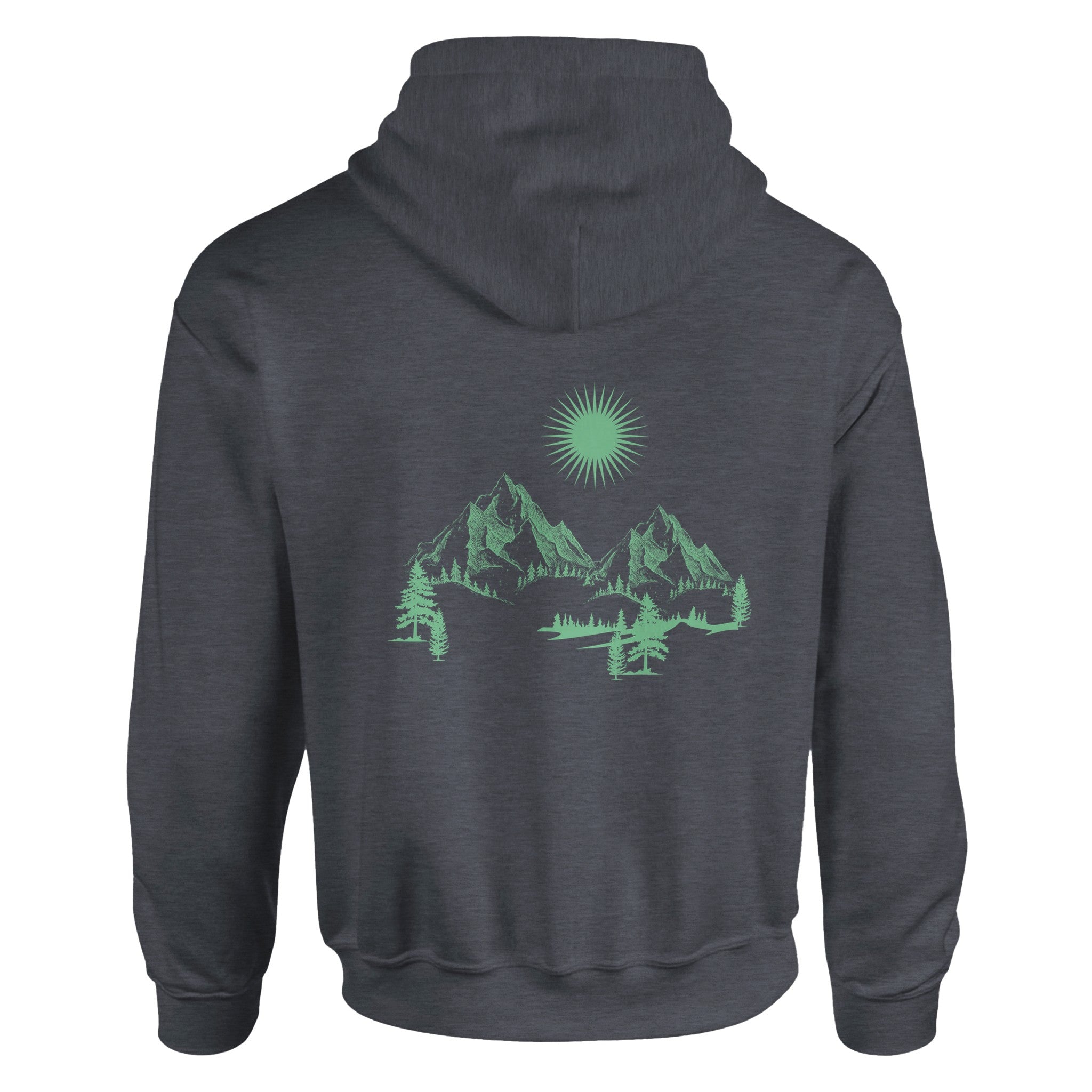Unisex Hoodie in Dunkelgrau mit spirituellem grünem Berg- und Sonnendruck, nachhaltiger Baumwoll-Polyester-Mix,.