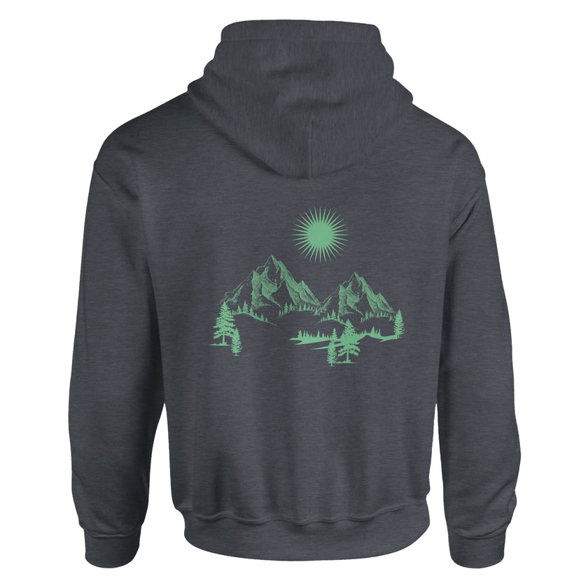 Unisex Hoodie in Dunkelgrau mit spirituellem grünem Berg- und Sonnendruck, nachhaltiger Baumwoll-Polyester-Mix,.