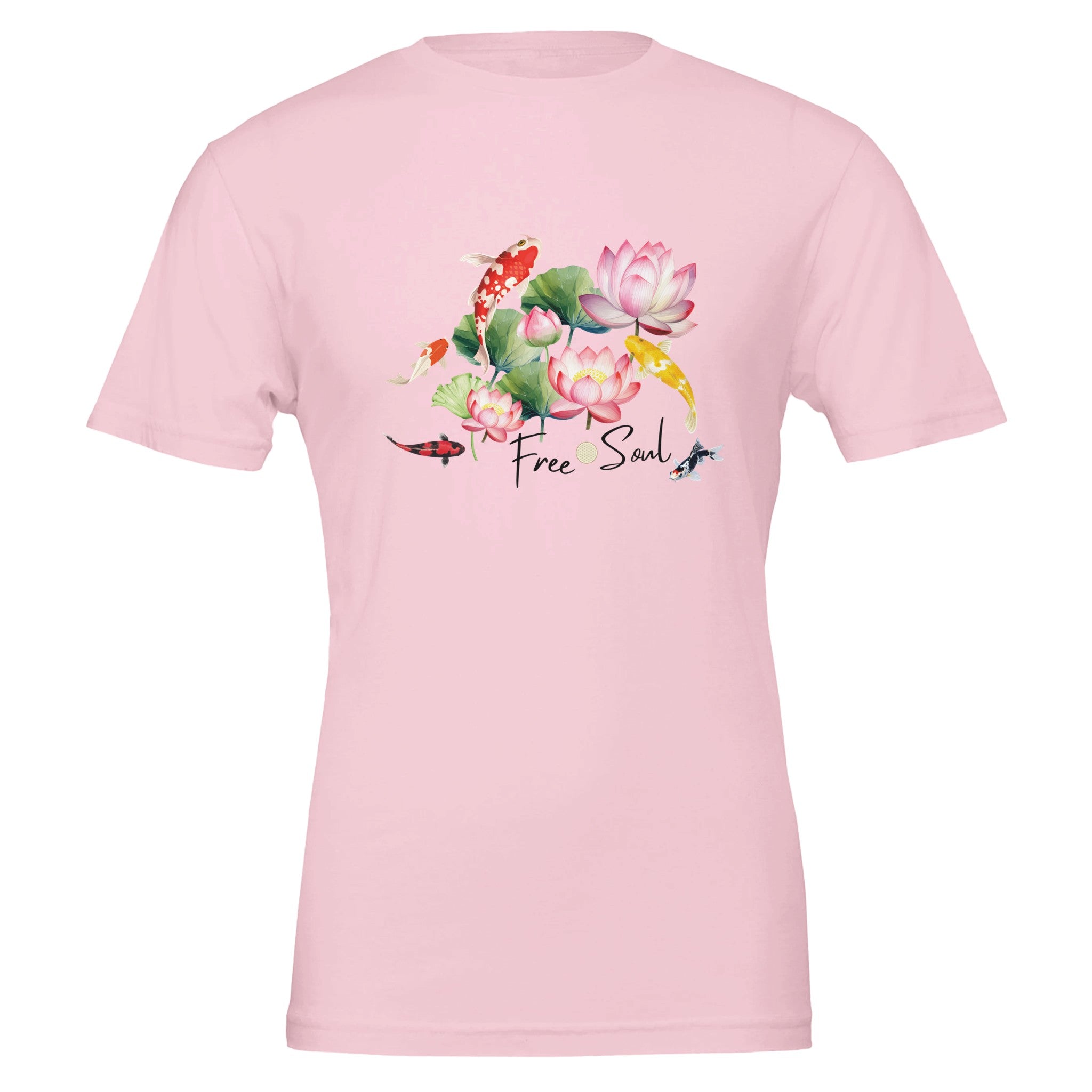Rosa T-Shirt mit spirituellem Koi- und Blumenmotiv, Blume des Lebens, hochwertige Baumwolle, Unisex-Passform,.