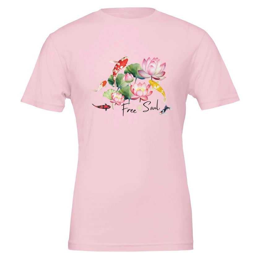 Rosa T-Shirt mit spirituellem Koi- und Blumenmotiv, Blume des Lebens, hochwertige Baumwolle, Unisex-Passform,.