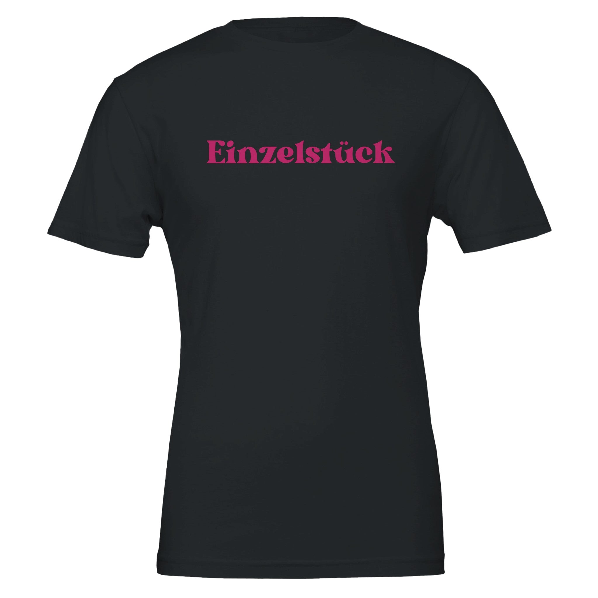 Schwarzes Unisex-T-Shirt aus hochwertiger Baumwolle mit pinkem „Einzelstück“-Print, melaniesouldesign, nachhaltig,.