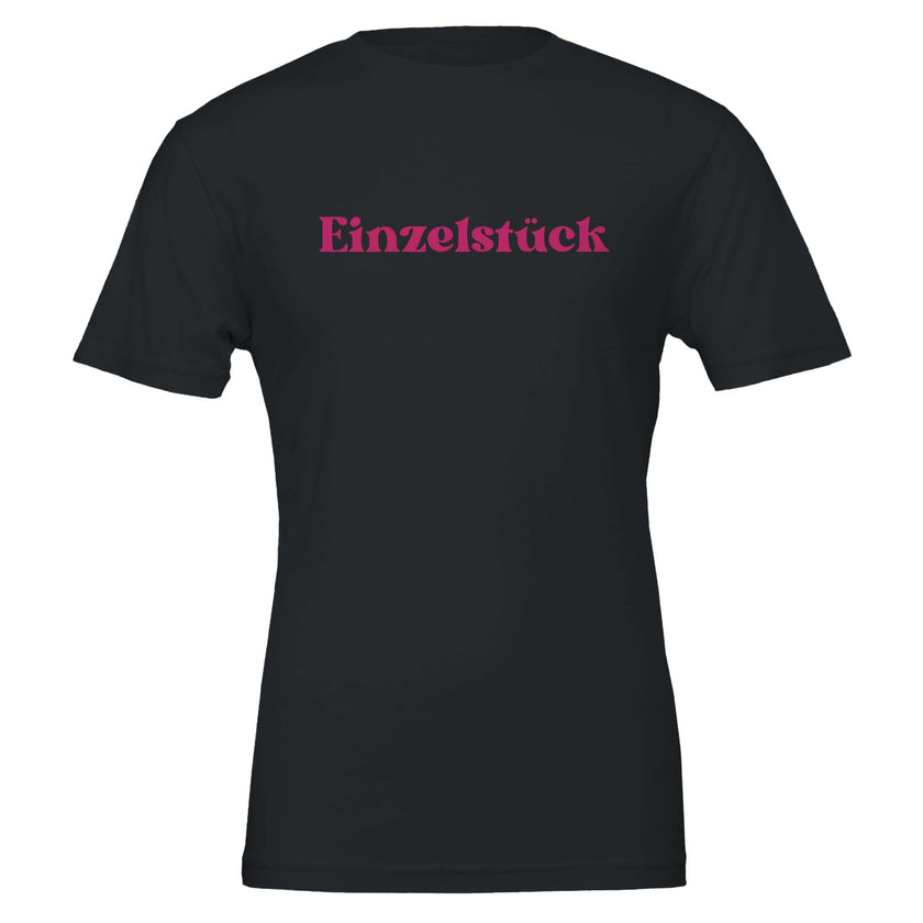 Schwarzes Unisex-T-Shirt aus hochwertiger Baumwolle mit pinkem „Einzelstück“-Print, melaniesouldesign, nachhaltig,.