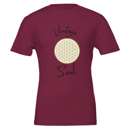 Weinrotes Unisex-T-Shirt aus hochwertiger Baumwolle mit spirituellem Blume des Lebens Print und Vintage Soul Schriftzug.