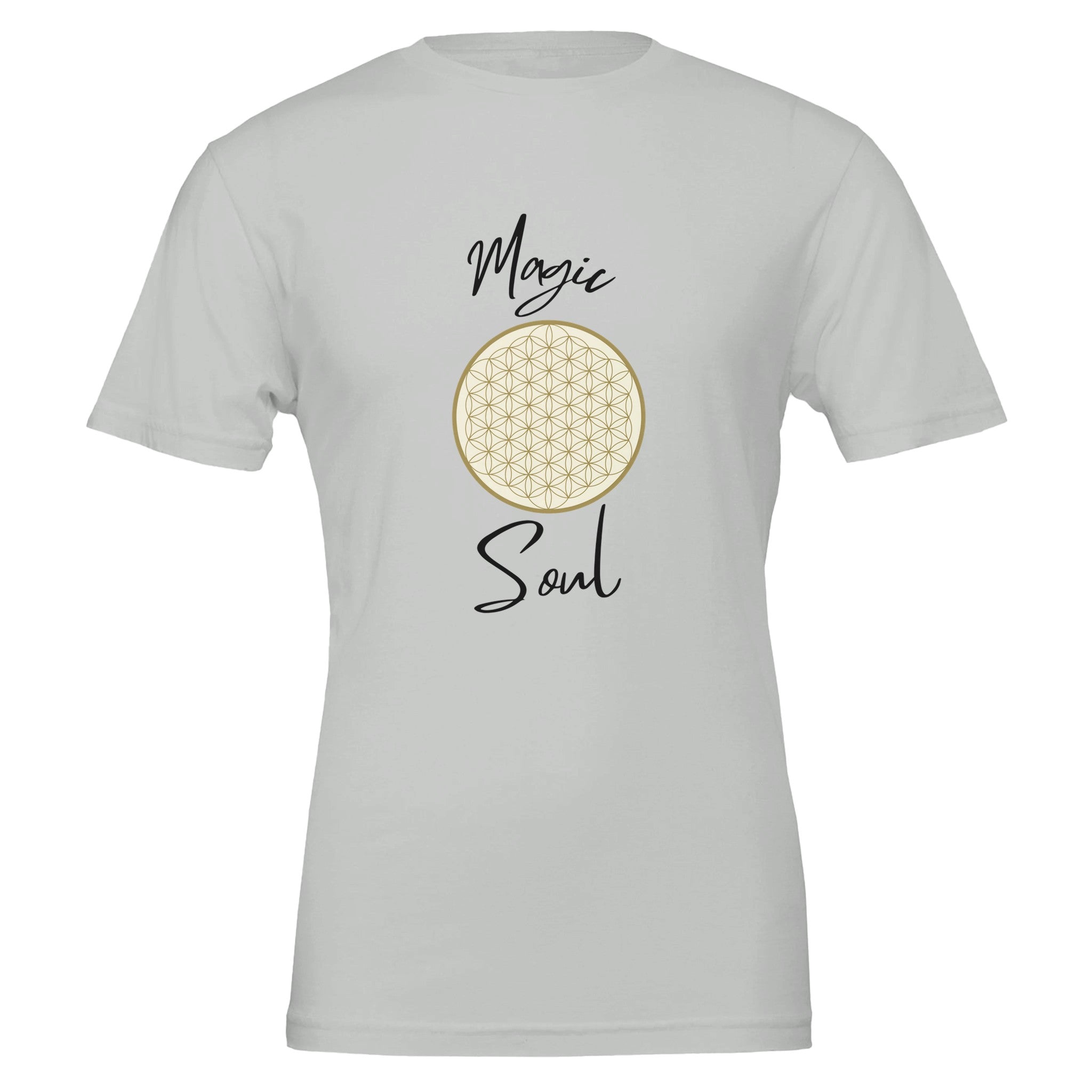 Weißes Unisex-T-Shirt aus hochwertiger Baumwolle mit spirituellem Blume des Lebens Print und Magic Soul Schriftzug.