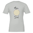 Weißes Unisex-T-Shirt aus hochwertiger Baumwolle mit spirituellem Blume des Lebens Print und Magic Soul Schriftzug.
