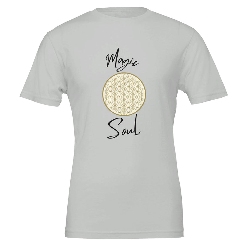Weißes Unisex-T-Shirt aus hochwertiger Baumwolle mit spirituellem Blume des Lebens Print und Magic Soul Schriftzug.