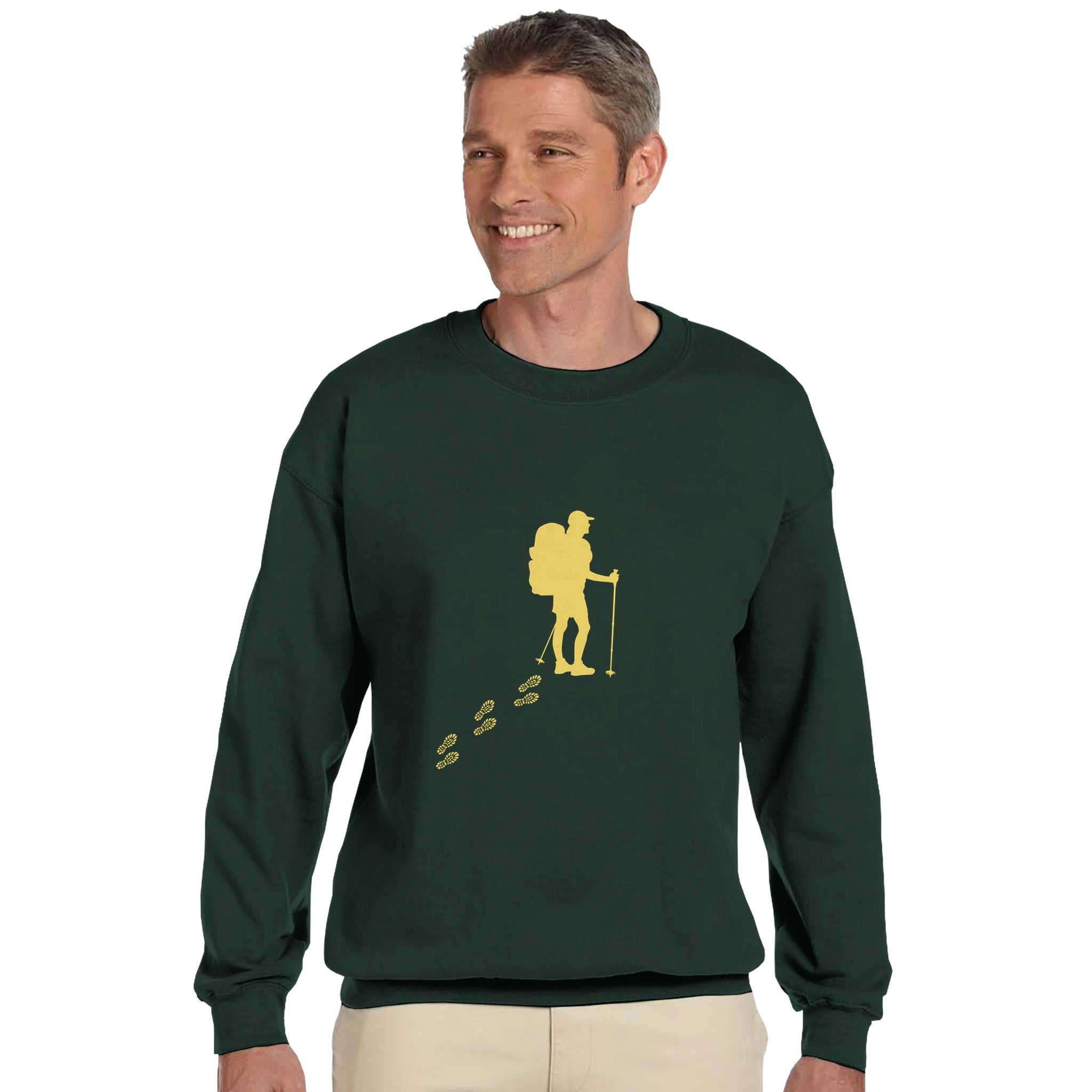 Unisex Wandern Pullover in Forest Green mit spirituellem gelbem Wanderer-Motiv, nachhaltige Baumwollmischung,.