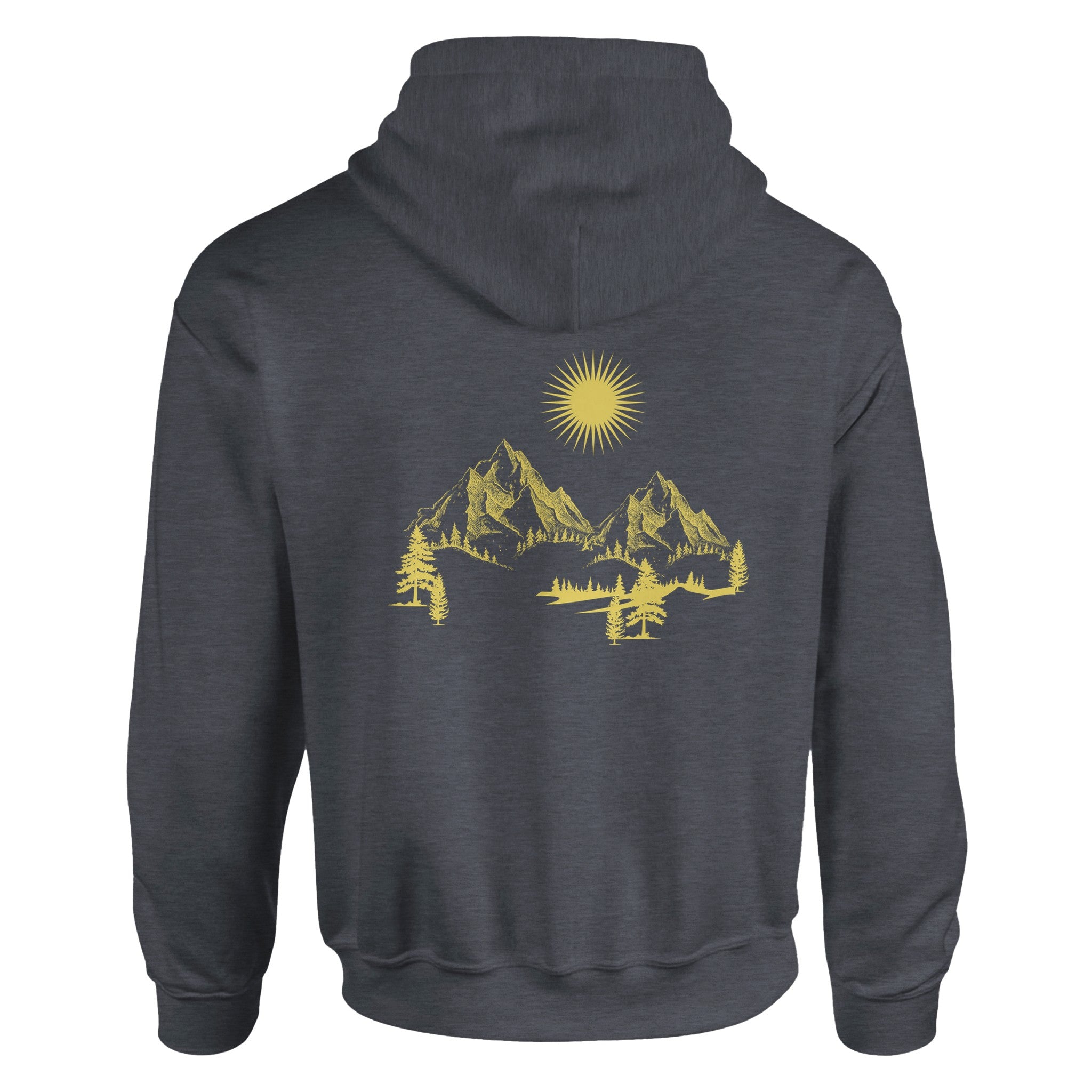 Unisex Hoodie in Dunkelgrau mit hochwertigem Baumwoll-Polyester-Mix, spirituellem Bergmotiv und gelbem.