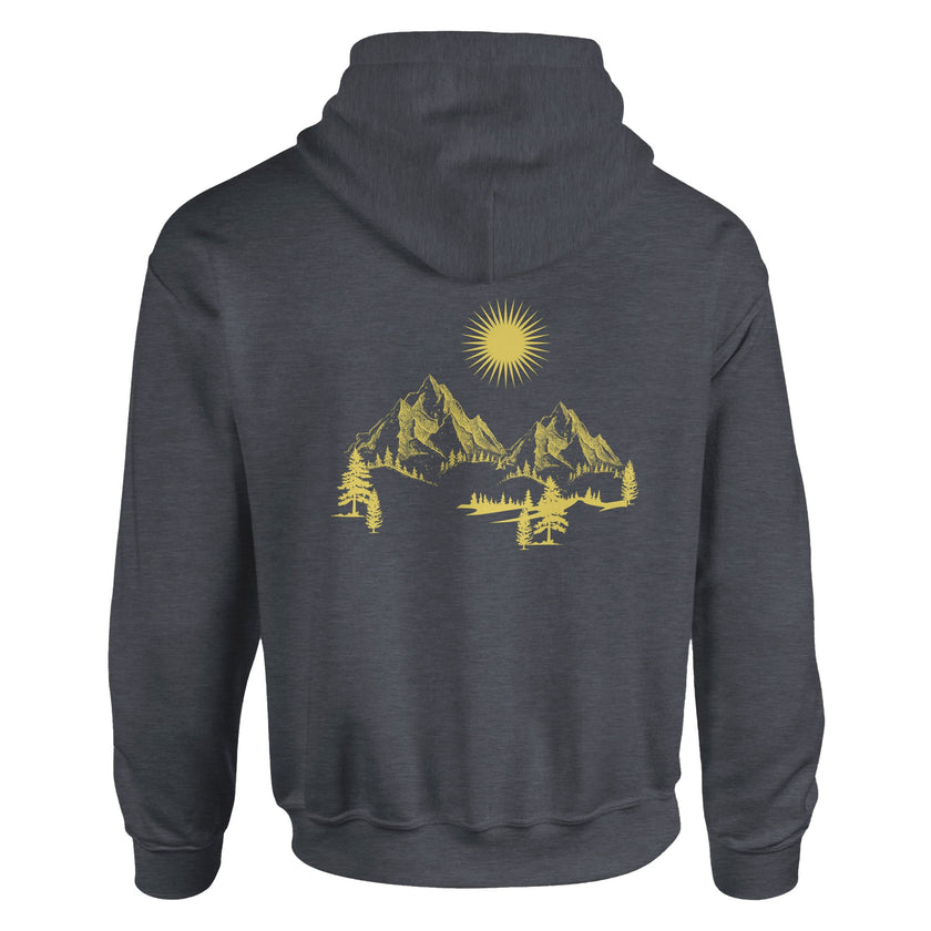 Unisex Hoodie in Dunkelgrau mit hochwertigem Baumwoll-Polyester-Mix, spirituellem Bergmotiv und gelbem.