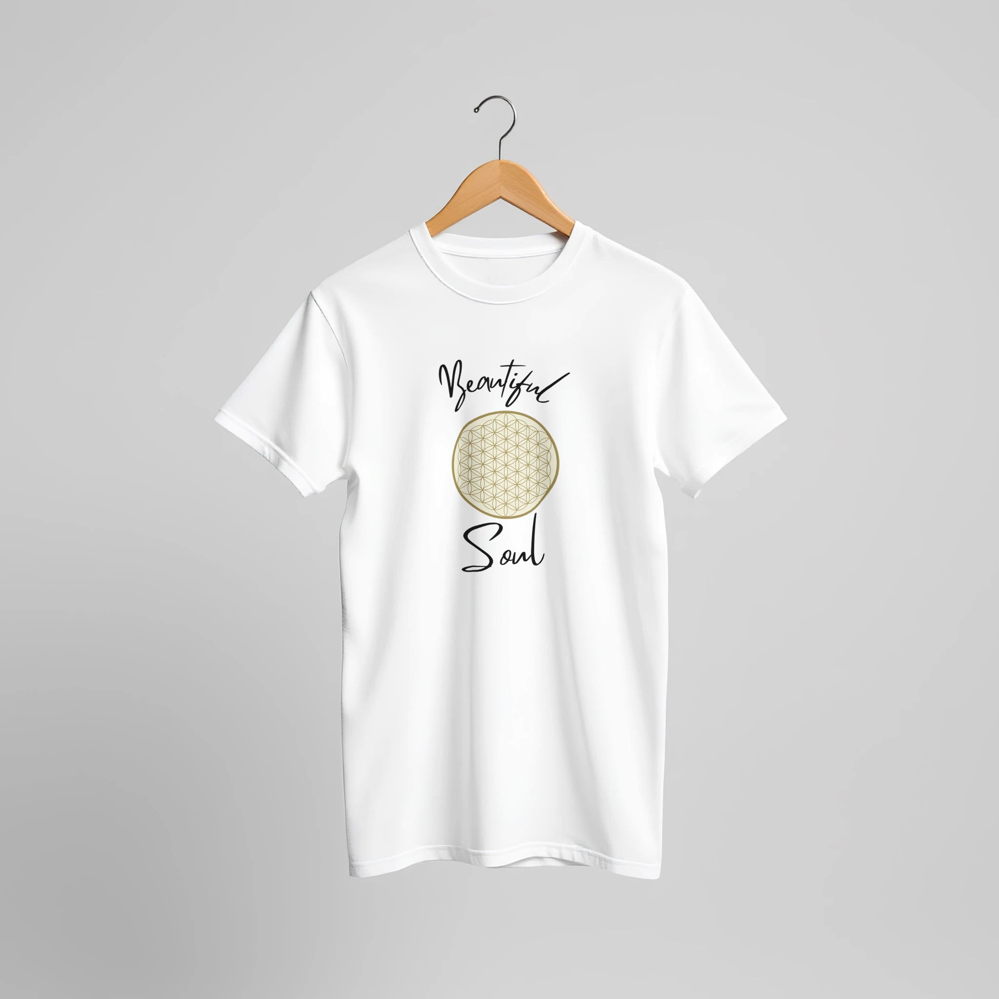 Weißes Unisex-T-Shirt aus hochwertiger Baumwolle mit spirituellem Blume des Lebens Print von melaniesouldesign, nachhaltig.