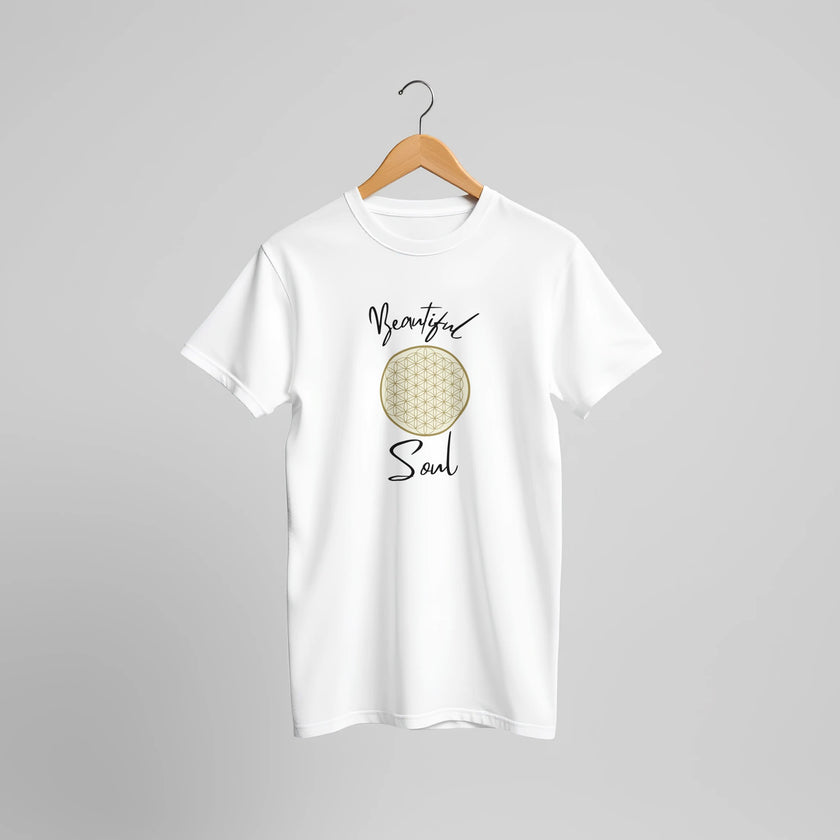 Weißes Unisex-T-Shirt aus hochwertiger Baumwolle mit spirituellem Blume des Lebens Print von melaniesouldesign, nachhaltig.