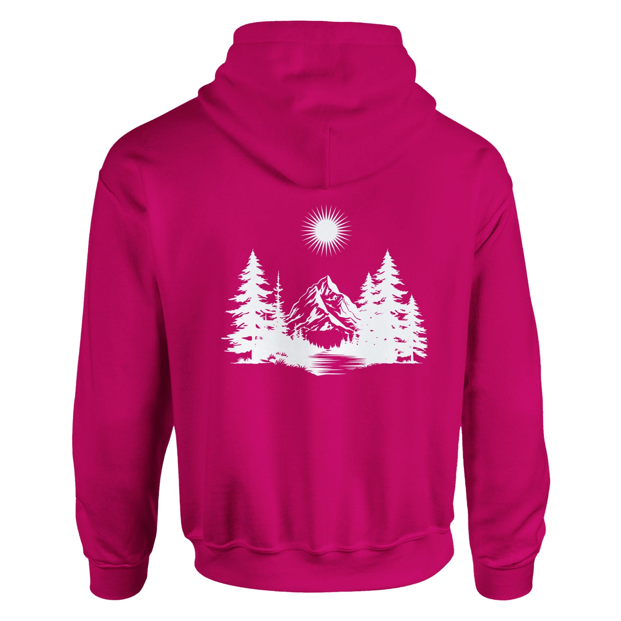 Unisex Hoodie in hellem Pink mit hochwertigem Baumwoll-Polyester-Mix und spirituellem, weißem Wald- und Bergmotiv,.