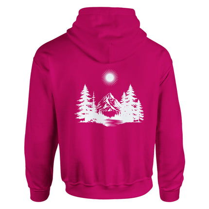 Unisex Hoodie in hellem Pink mit hochwertigem Baumwoll-Polyester-Mix und spirituellem, weißem Wald- und Bergmotiv,.
