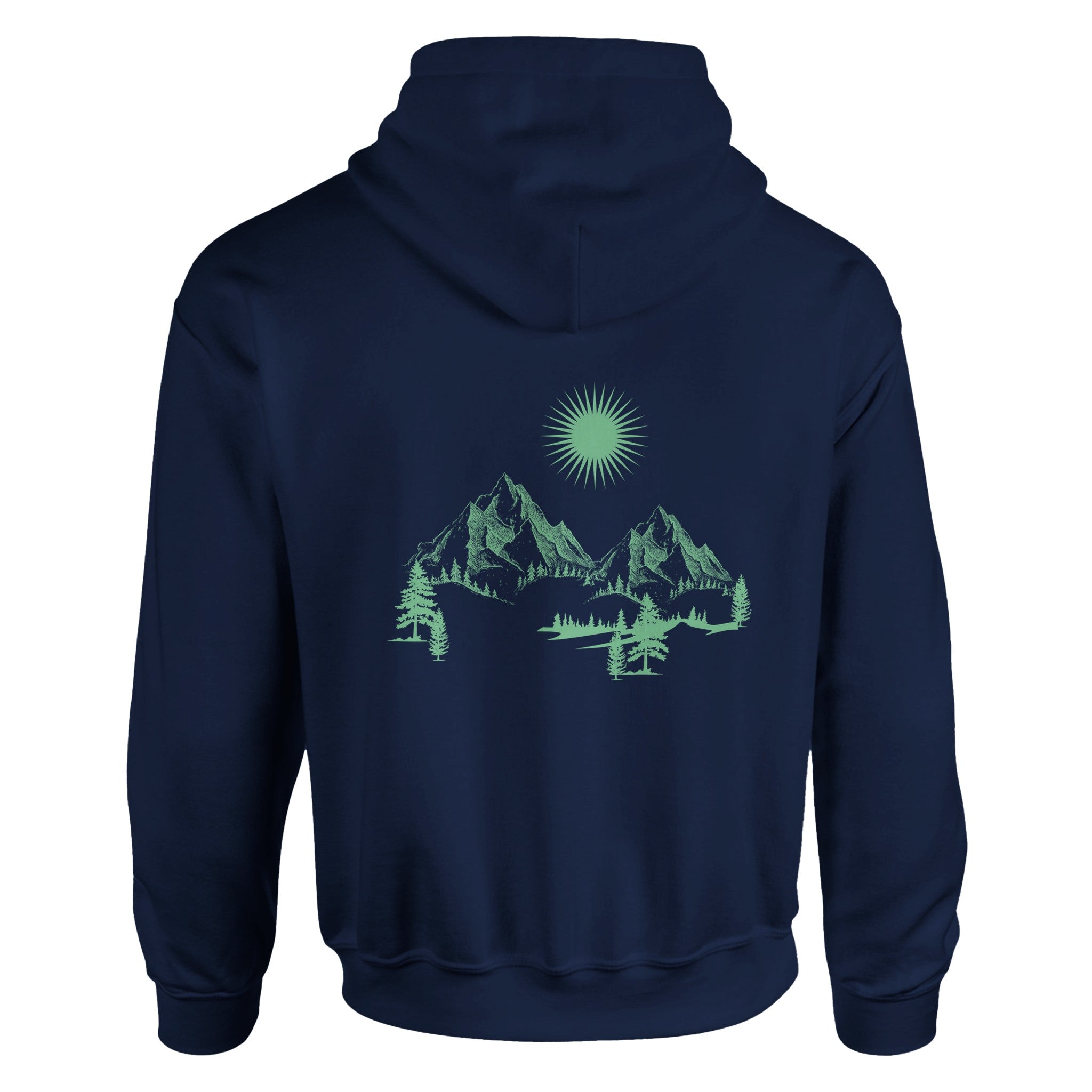 Dunkelblauer Unisex-Hoodie aus hochwertigem Baumwoll-Polyester-Mix mit spirituellem Bergmotiv und Scheinender Sonne,.