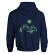 Dunkelblauer Unisex-Hoodie aus hochwertigem Baumwoll-Polyester-Mix mit spirituellem Bergmotiv und Scheinender Sonne,.