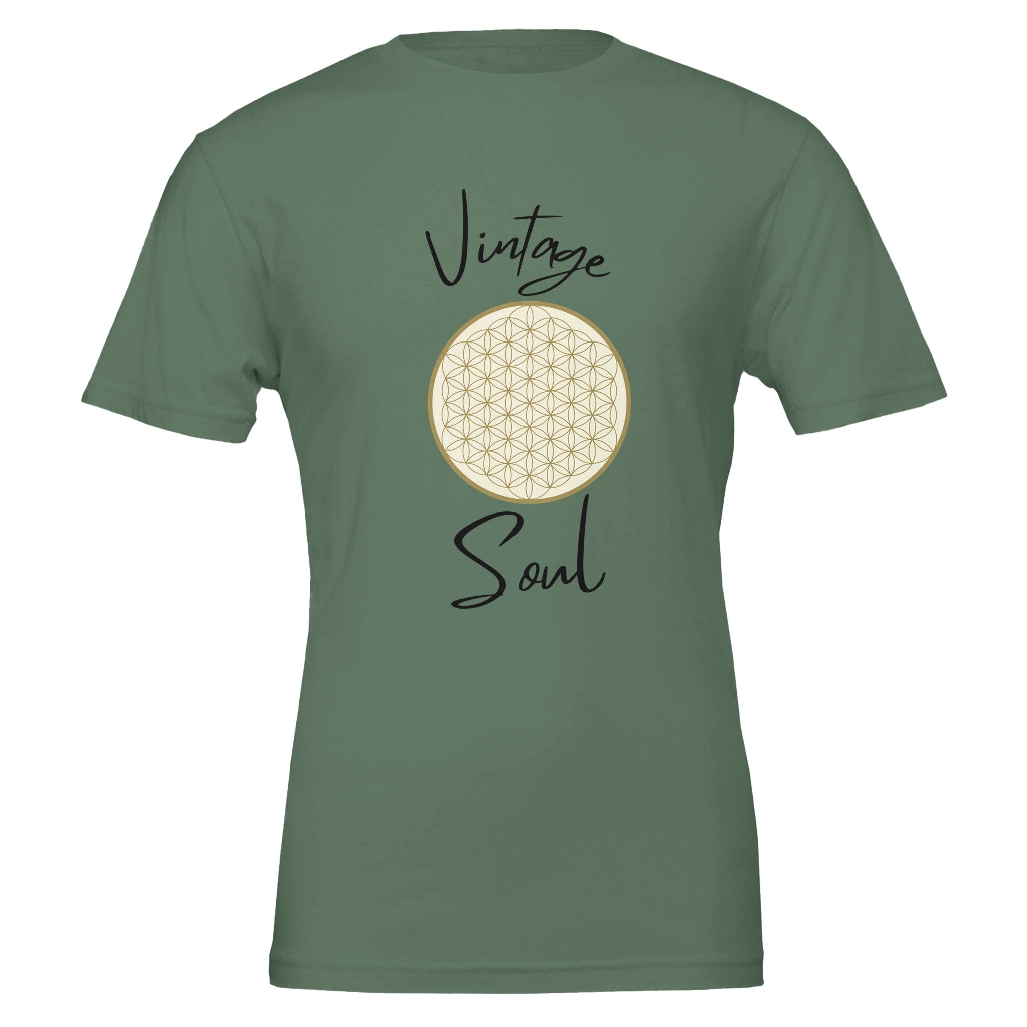 Unisex T-Shirt in Military Green aus nachhaltiger Baumwolle mit spirituellem Blume des Lebens Print, hochwertig,.