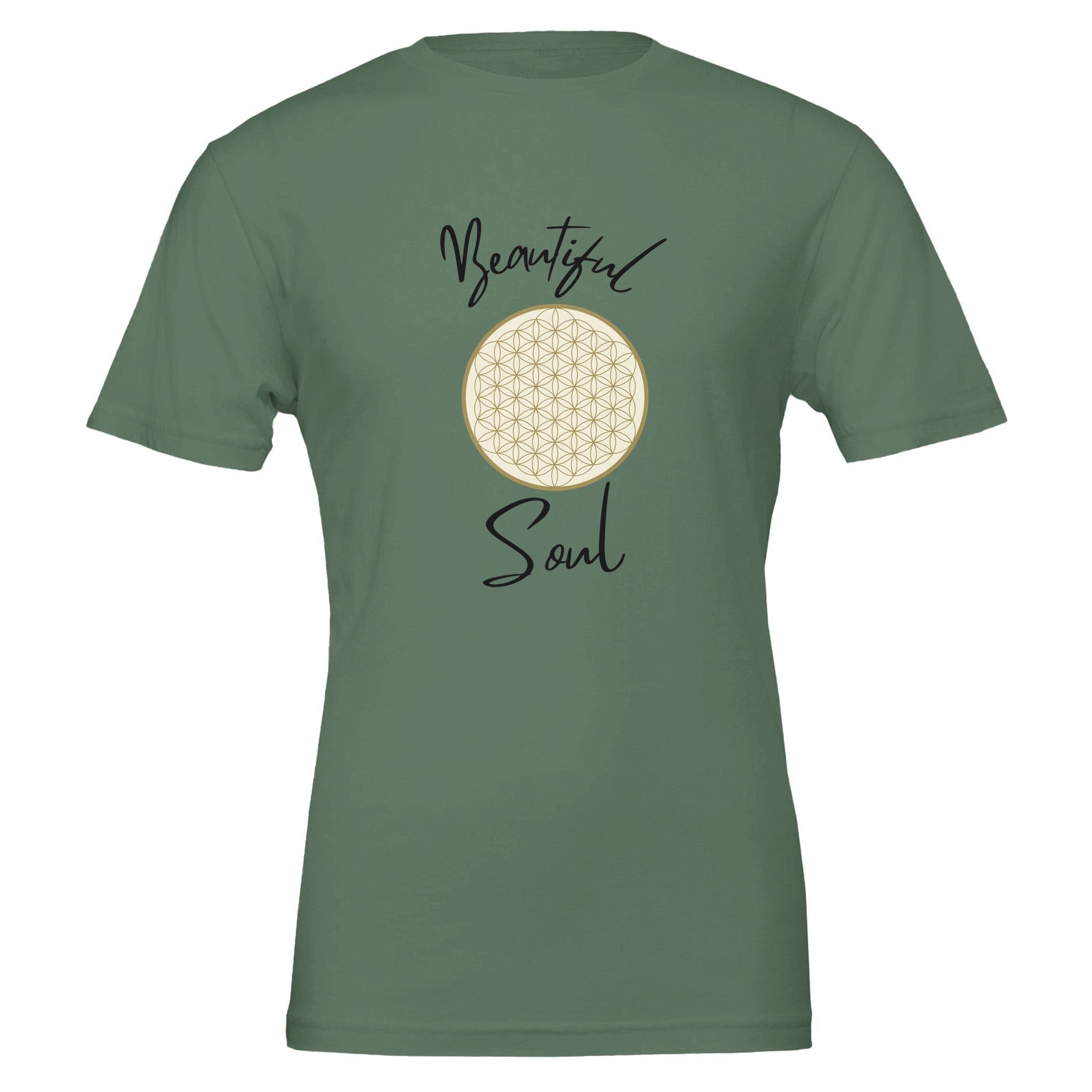 Unisex-T-Shirt in Military Green aus hochwertiger Baumwolle mit spirituellem Blume des Lebens Print und melaniesouldesign.